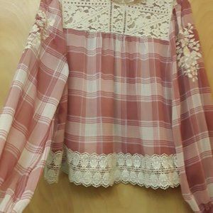 Pink Plaid Cottage Lace Boho Top XL B